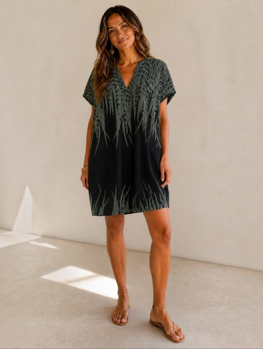 UziNYC IndieDesigner LinenCotton Art BohoMinimalist OversizedDress FeatherPrint
